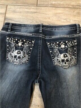 Lone Wolf Y2K Embellished Jeans Size 19 Rhinestone Skull Angel Wings Bootcut